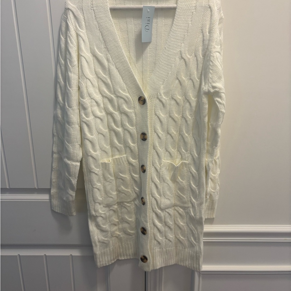 Ivory Cable Knit Long Cardigan Sweater